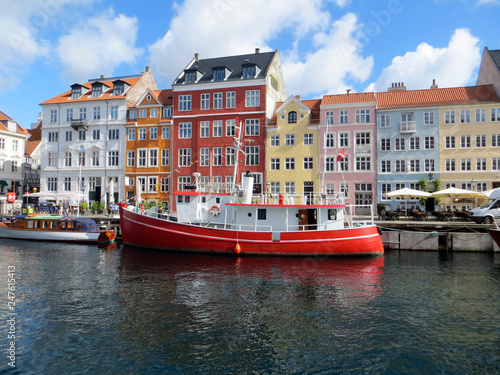 Denmark Copenhagen Harbor View Colorful boats buildings 