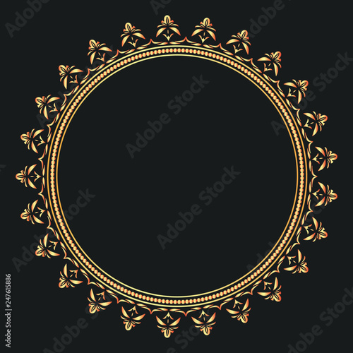 Designer decorative frame.Beautiful elegant vector element for design and place for your text. Golden floral border for any of your ideas.Lace image in the form of a circle
