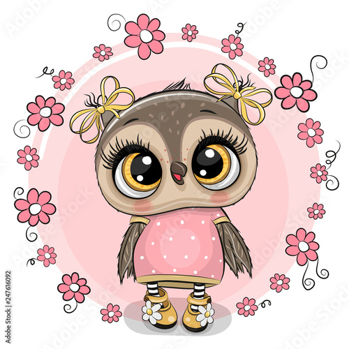 Naklejka Kartkę z życzeniami sowa z kwiatami na różowym tle