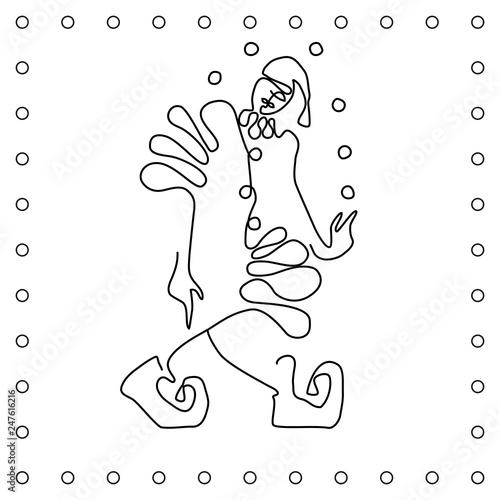 Flat black and white line hand drawing clown juggler. Vector isolated illustration.