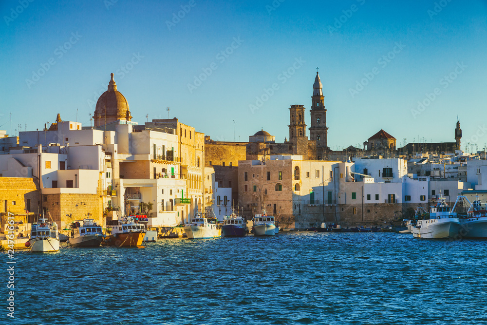 View of scenic city scape and a fishing harbor with marina in Monopoli, Italy