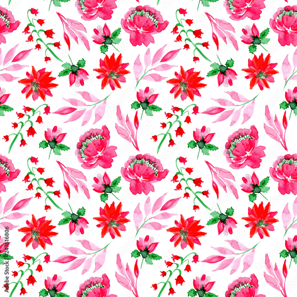 Seamless pattern watercolor floral pink