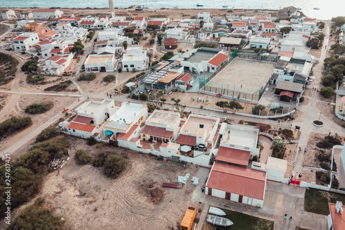Aerial view of the Farol Island beach in  Formosa Estuary, Algarve, Portugal.