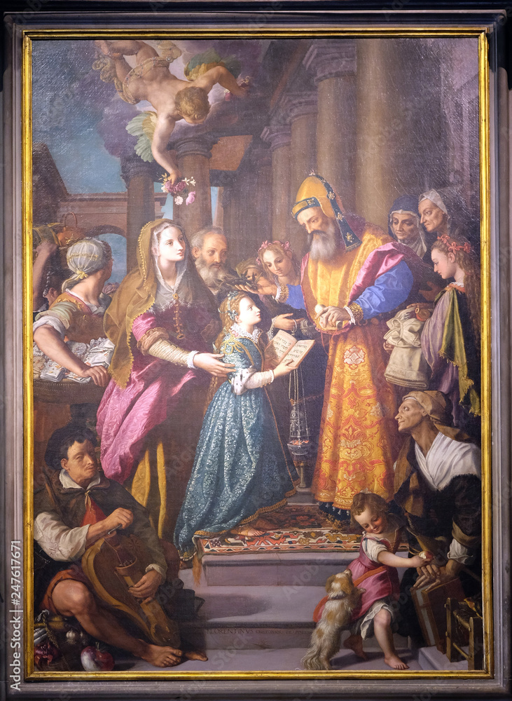 Altarpiece depicting Presentation of Mary to the temple, work by Alessandro Allori in Cathedral of St.Martin in Lucca, Italy