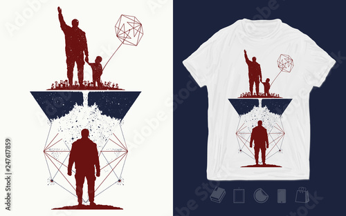 Father and son. Print for t-shirts and another, trendy apparel design. Concept of memory. Immortality of human life