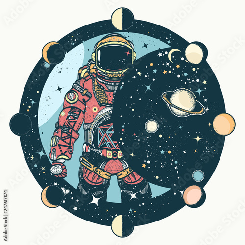 Astronaut tattoo and t-shirt design. Cosmonaut in universe, solar eclipse. Spaceman. Symbol of science, astronomy, education