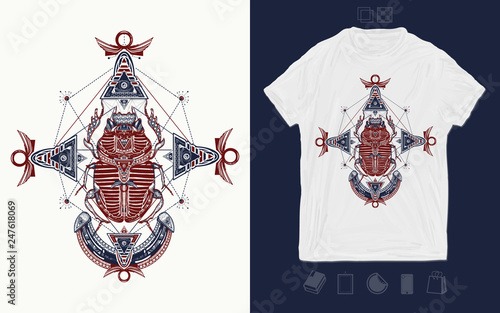 Ancient Egypt, mythology. Egyptian scarab symbol of pharaoh, gods Ra, sun. Print for t-shirts and another, trendy apparel design