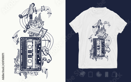 Audio cassette, guitar and music notes. Print for t-shirts and another, trendy apparel design. Retro music, nostalgia, 80th and 90th