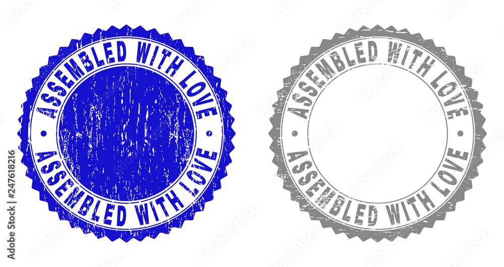 Obraz premium Grunge ASSEMBLED WITH LOVE watermarks isolated on a white background. Rosette seals with distress texture in blue and gray colors.