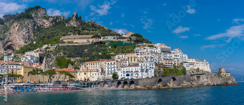 View of beach and old buildings of Amalfi town at Amalfi coast, Italy.