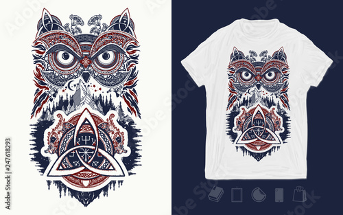 Owl and celtic dragons. Print for t-shirts and another, trendy apparel design. Symbol of wisdom, meditation, thinking, tourism, adventure