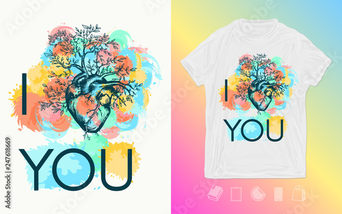 I love you slgan. Anatomical heart and colorful watercolor splashes. Print for t-shirts and another, trendy apparel design