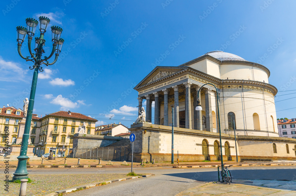 Catholic Parish Church Chiesa Gran Madre Di Dio neoclassic style building and Vittorio Emanuele monument on square piazza with street lights in historical centre of Turin Torino city, Piedmont, Italy