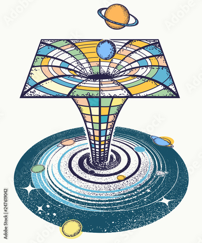 Black hole and Universe. Tattoo and t-shirt design. Symbol of science, astronomy, gravitational waves. Wormhole