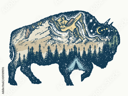 Buffalo bull tattoo and t-shirt design. Magic tribal bison double exposure animals. Travel symbol, adventure tourism. Mountain, forest, night sky