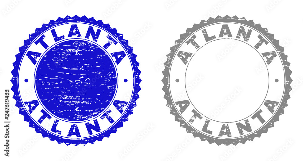 Grunge ATLANTA stamp seals isolated on a white background. Rosette seals with grunge texture in blue and gray colors. Vector rubber overlay of ATLANTA caption inside round rosette. Grunge ATLANTA stamp seals isolated on a white background. Rosette seals with grunge texture in blue and gray colors. Vector rubber overlay of ATLANTA caption inside round rosette.