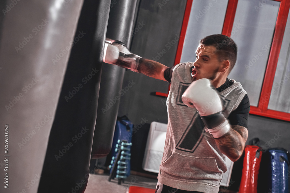 Pushing to the limit. Tattooed muscular athlete in sports clothing training hard on heavy punch bag before big fight in boxing gym Pushing to the limit. Tattooed muscular athlete in sports clothing training hard on heavy punch bag before big fight in boxing gym