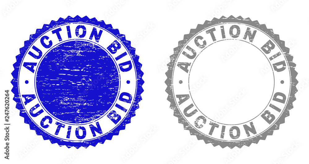 Grunge AUCTION BID stamp seals isolated on a white background. Rosette seals with grunge texture in blue and gray colors. Vector rubber imprint of AUCTION BID title inside round rosette.