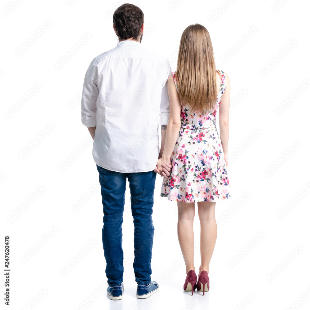 Woman and man hugging relationships goes on a white background. Isolation, back view Woman and man hugging relationships goes on a white background. Isolation, back view