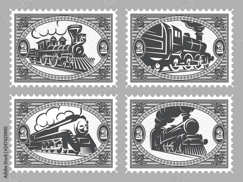 Set of vector stamps templates with retro trains