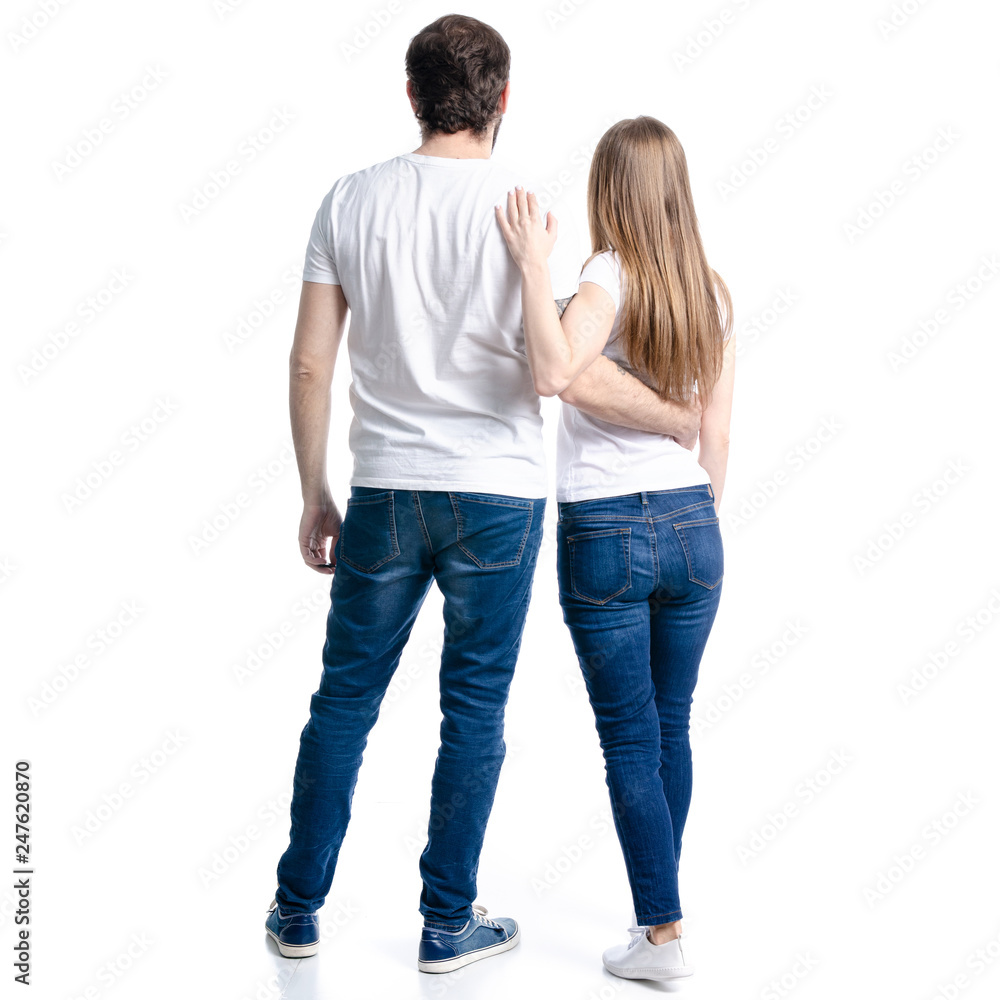Woman and man relationships looking on a white background. Isolation, back view