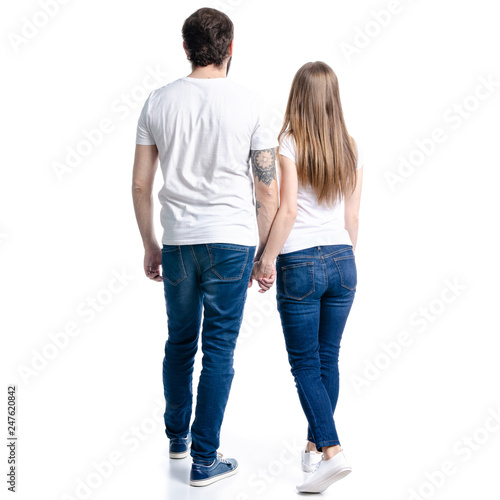 Man and woman hold hands goes on white background isolation, back view