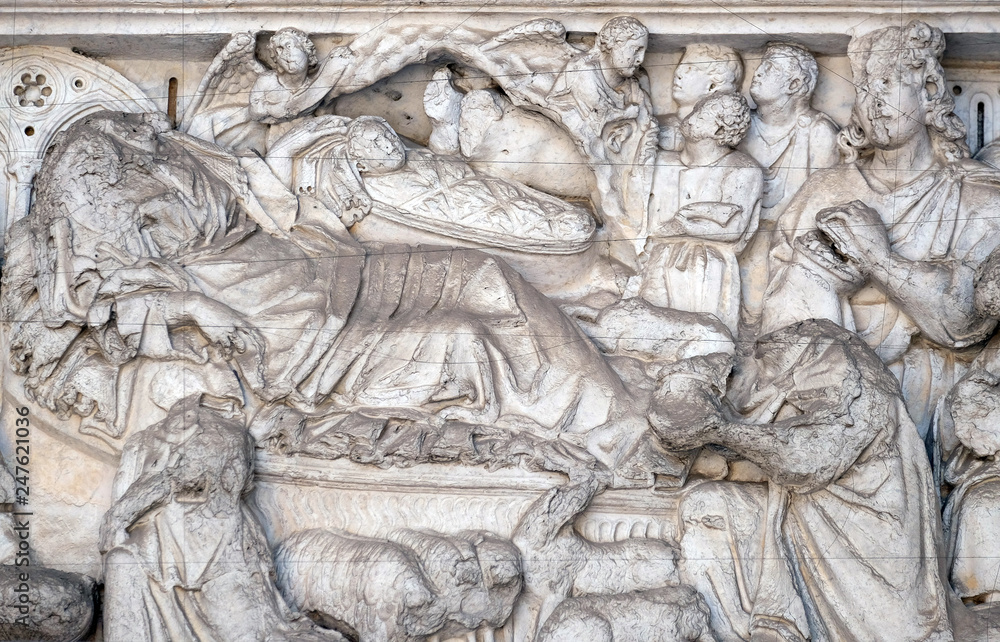 Nativity, Birth of Jesus, lunette over the portal of Cathedral of St Martin in Lucca, Italy