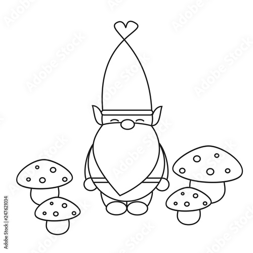 cute cartoon black and white gnome with mushroom for coloring art