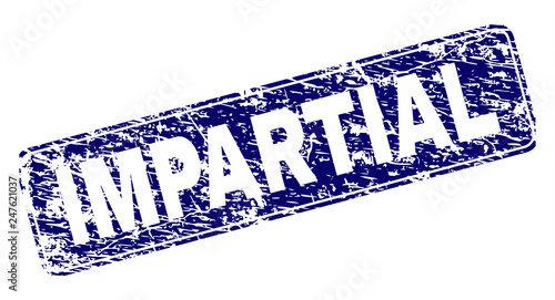 IMPARTIAL stamp seal imprint with grunge texture. Seal shape is a rounded rectangle with frame. Blue vector rubber print of IMPARTIAL tag with unclean texture.