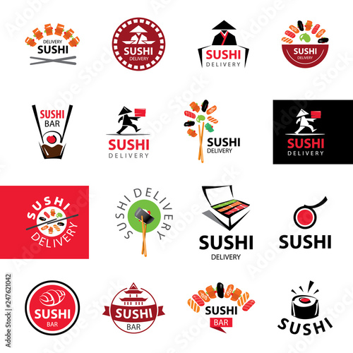 Vector set with sushi, icons, logo and illustrations