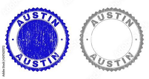 Grunge AUSTIN stamp seals isolated on a white background. Rosette seals with grunge texture in blue and grey colors. Vector rubber imprint of AUSTIN caption inside round rosette.