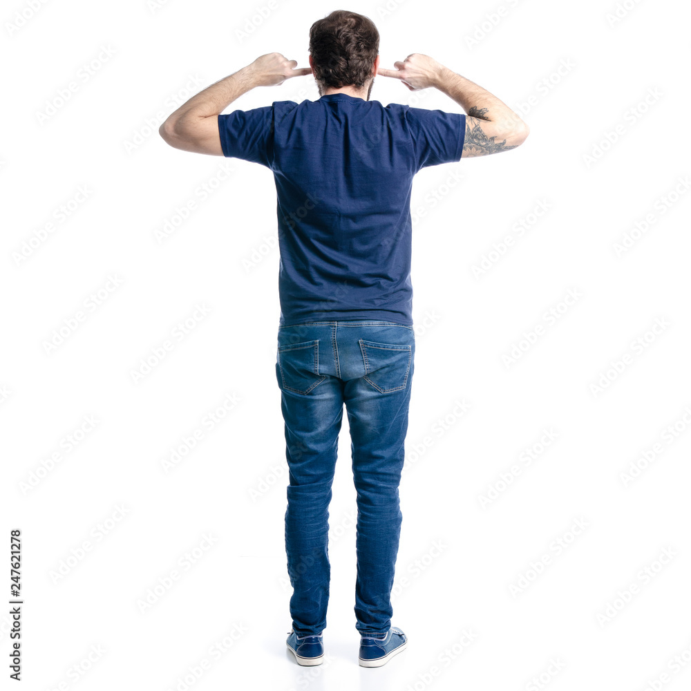 Man closed ears on white background isolation, back view Man closed ears on white background isolation, back view