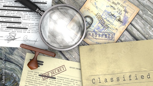Top secret document, declassified, confidential information, secret text. Non-public information. Sheet of paper with classified information. Rubber stamp and magnifying glass. Passport, secret agent photo