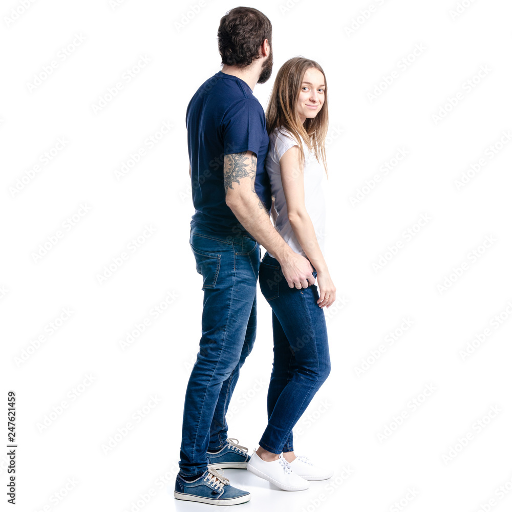 Man and woman couple hug on white background isolation Man and woman couple hug on white background isolation