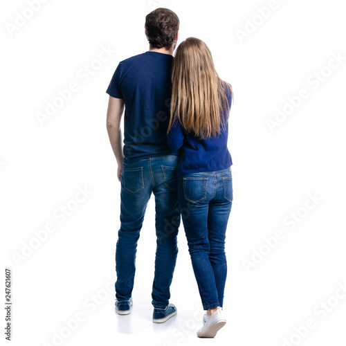 Man and woman hold hands on white background isolation, back view