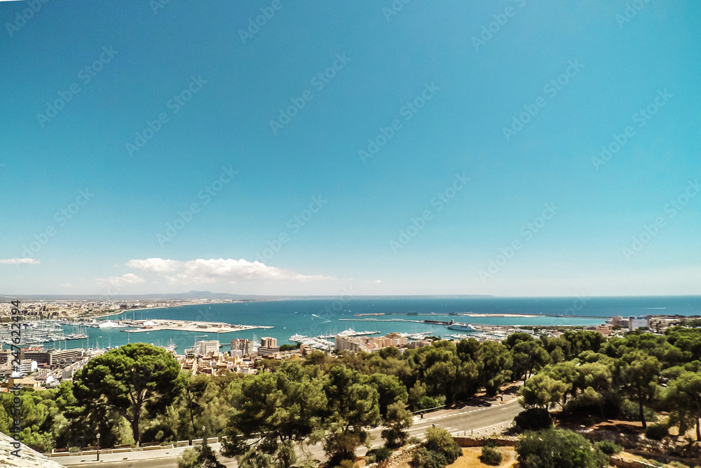 The seascape on yachting marina in Palma de Mallorca from the tower Belver on the island, Spain
