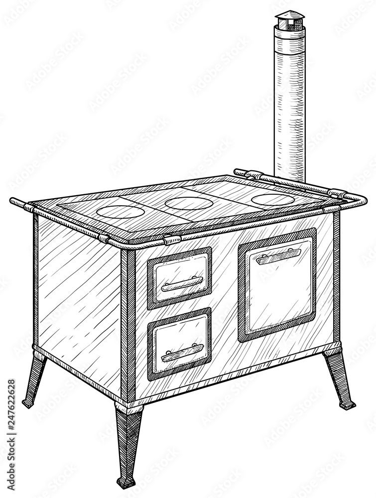 Vintage kitchen stove illustration, drawing, engraving, ink, line art