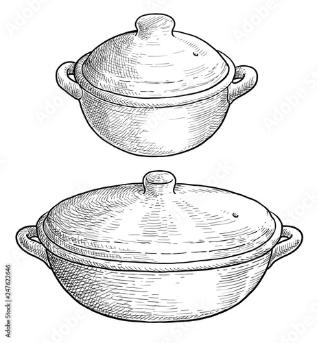 Clay baking pot illustration, drawing, engraving, ink, line art, vector