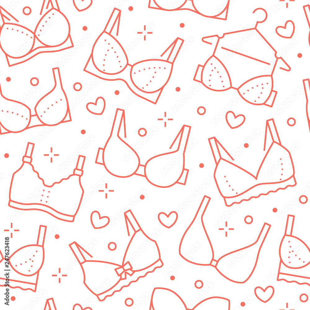 Vecteur Stock Lingerie seamless pattern with flat line icons of bra types.  Woman underwear background, vector illustrations of brassiere. Cute red  white wallpaper for clothes store | Adobe Stock