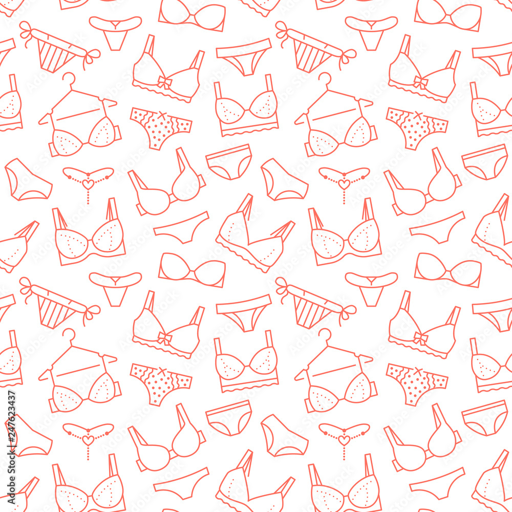 Lingerie seamless pattern with flat line icons of bra types, panties. Woman underwear background, vector illustrations of brassiere, bikini, swimwear. Cute red white wallpaper for clothes store Lingerie seamless pattern with flat line icons of bra types, panties. Woman underwear background, vector illustrations of brassiere, bikini, swimwear. Cute red white wallpaper for clothes store
