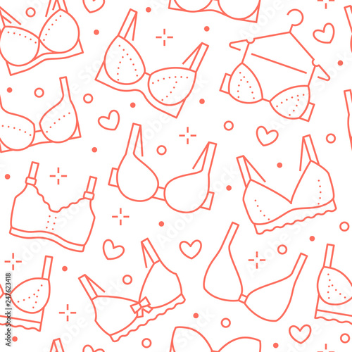 Lingerie seamless pattern with flat line icons of bra types. Woman underwear background, vector illustrations of brassiere. Cute red white wallpaper for clothes store
