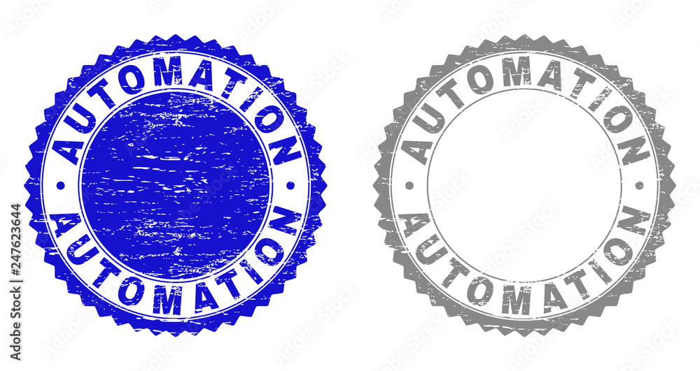 Grunge AUTOMATION stamp seals isolated on a white background. Rosette seals with grunge texture in blue and grey colors. Vector rubber watermark of AUTOMATION tag inside round rosette.
