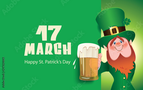St. Patrick's Day concept-cartoon of Leprechaun toasted with beer mug next to green textual signboard