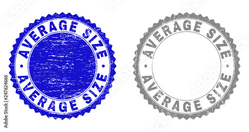Grunge AVERAGE SIZE stamp seals isolated on a white background. Rosette seals with grunge texture in blue and gray colors. Vector rubber imitation of AVERAGE SIZE label inside round rosette.