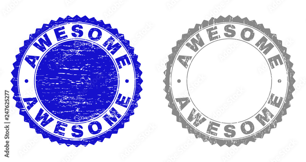 Grunge AWESOME stamp seals isolated on a white background. Rosette seals with grunge texture in blue and gray colors. Vector rubber watermark of AWESOME label inside round rosette.
