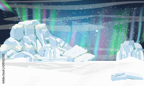 North. A large glacier and northern lights above it. Realistic vector landscape. Artik and Antarctica