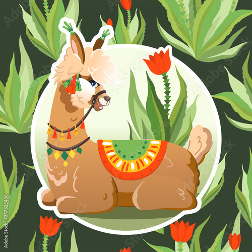 Illustration with llama and cactus plants. Vector seamless pattern on botanical background. Greeting card with Alpaca.