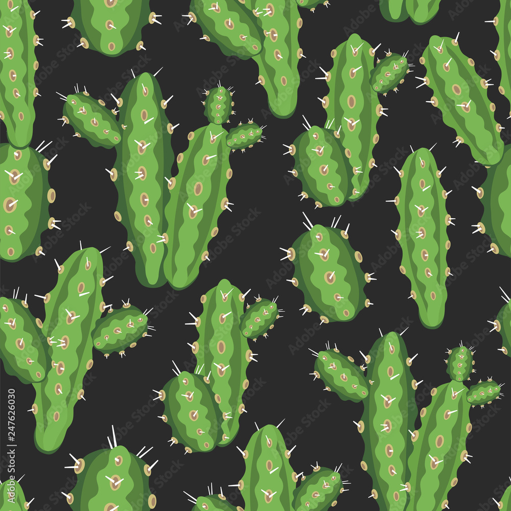 botanical illustration with Peruvian cactus. Vector seamless pattern on black background. Summer plants. botanical illustration with Peruvian cactus. Vector seamless pattern on black background. Summer plants.