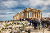Parthenon temple on Acropolis in Athens with a mass of tourists during spring