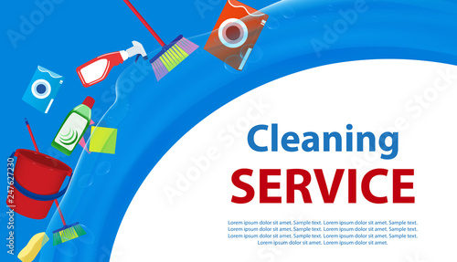 Cleaning Service blue and white background. Poster or banner with tools and cleaning products for cleanliness. Vector